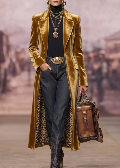 Chic Yellow Peter Pan Collar Pockets Velvet Trench Spring