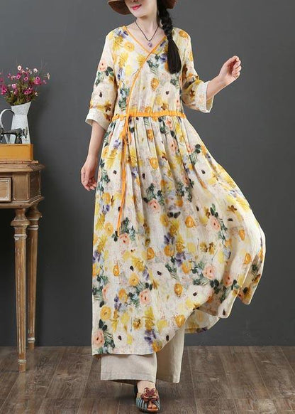 Chic Yellow Print Linen Dress V Necktie waist Summer Robe Dresses - SooLinen