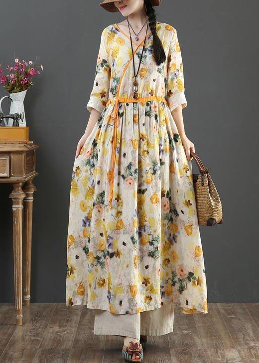 Chic Yellow Print Linen Dress V Necktie waist Summer Robe Dresses - SooLinen