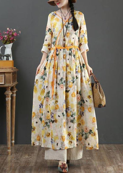 Chic Yellow Print Linen Dress V Necktie waist Summer Robe Dresses - SooLinen