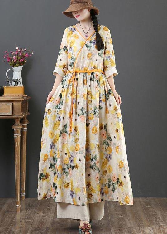 Chic Yellow Print Linen Dress V Necktie waist Summer Robe Dresses - SooLinen