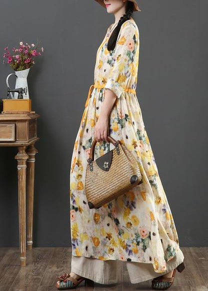 Chic Yellow Print Linen Dress V Necktie waist Summer Robe Dresses - SooLinen