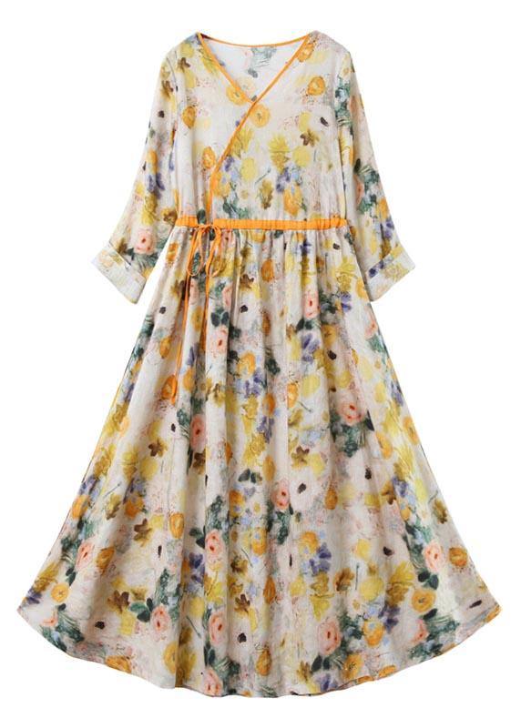 Chic Yellow Print Linen Dress V Necktie waist Summer Robe Dresses - SooLinen