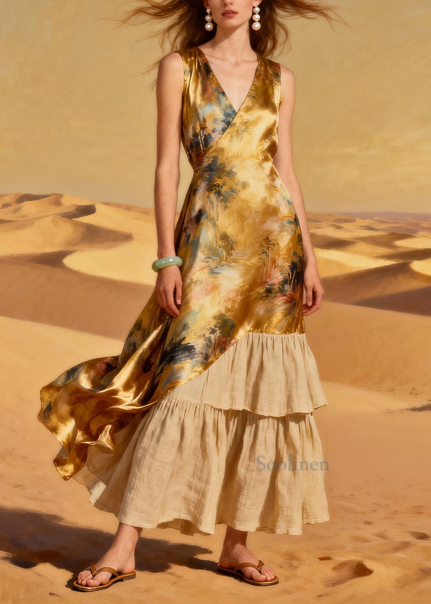 Chic Yellow Print Patchwork Linen Silk Ankle Dress Summer