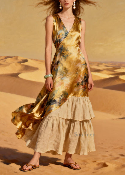 Chic Yellow Print Patchwork Linen Silk Ankle Dress Summer