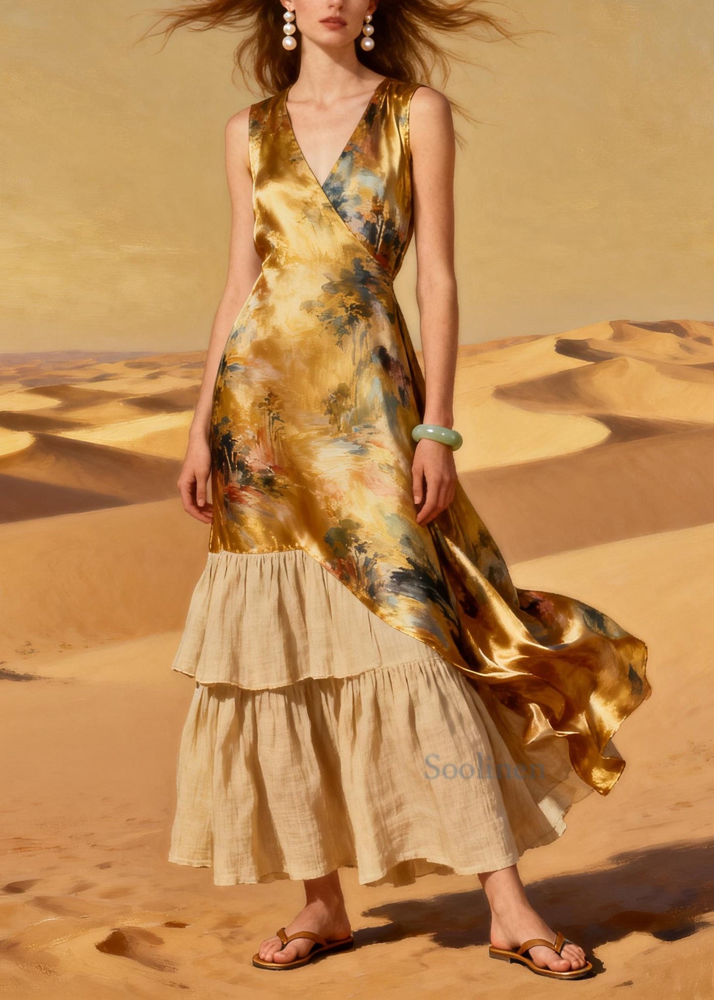 Chic Yellow Print Patchwork Linen Silk Ankle Dress Summer