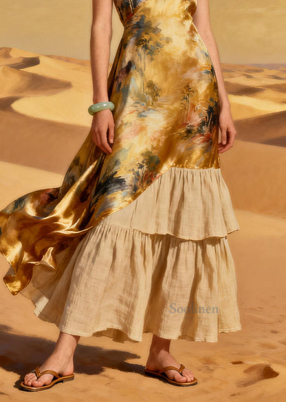 Chic Yellow Print Patchwork Linen Silk Ankle Dress Summer