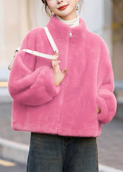 Schicker gelber Stehkragen-Kurzmantel aus Kunstpelz mit Reißverschluss für den Winter