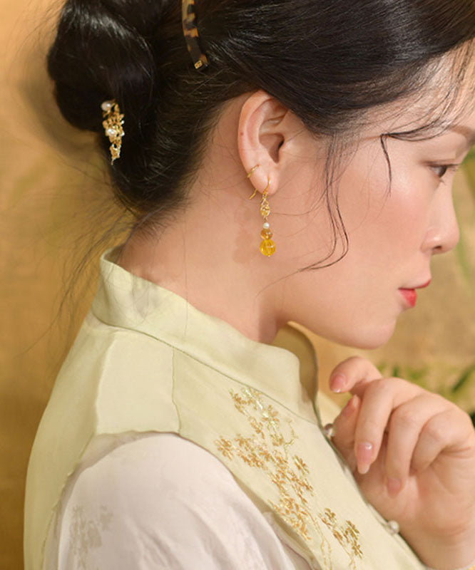 Schicke gelbe Ohrringe aus Sterlingsilber mit Überzug aus Perlen, Kristallen und Bernstein