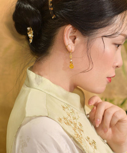 Schicke gelbe Ohrringe aus Sterlingsilber mit Überzug aus Perlen, Kristallen und Bernstein