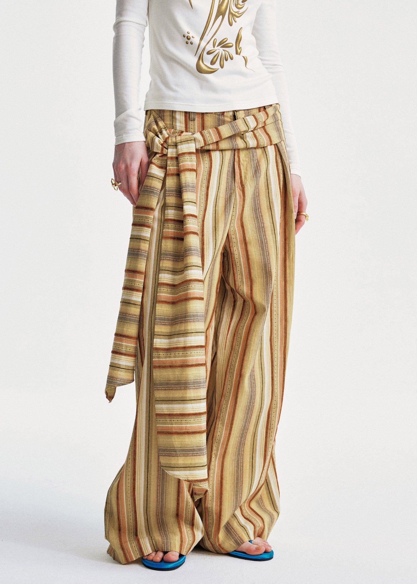 Chic Yellow Striped Cotton Wide Leg Pants Summer