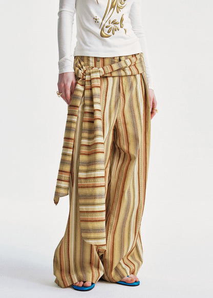 Chic Yellow Striped Cotton Wide Leg Pants Summer
