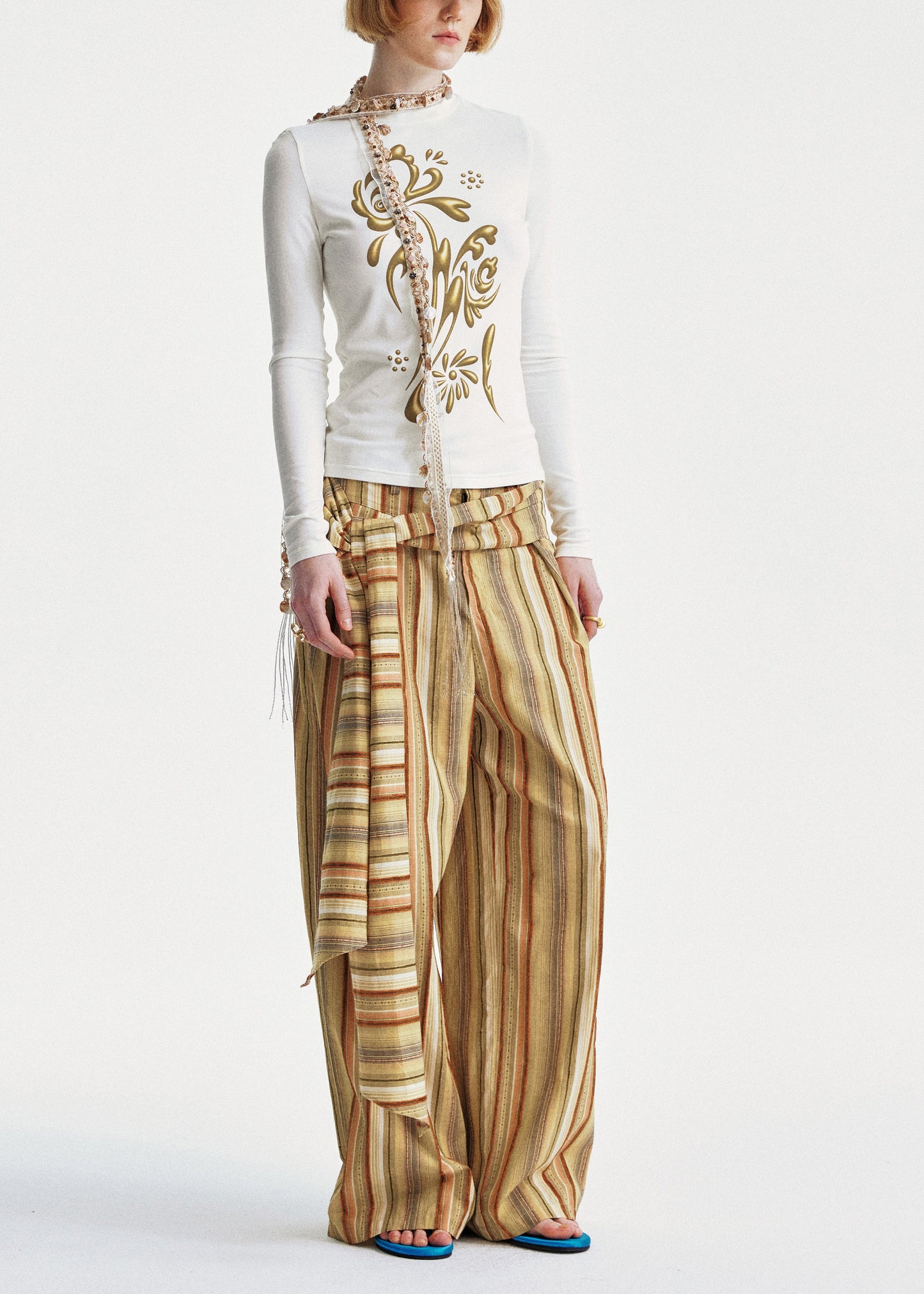 Chic Yellow Striped Cotton Wide Leg Pants Summer