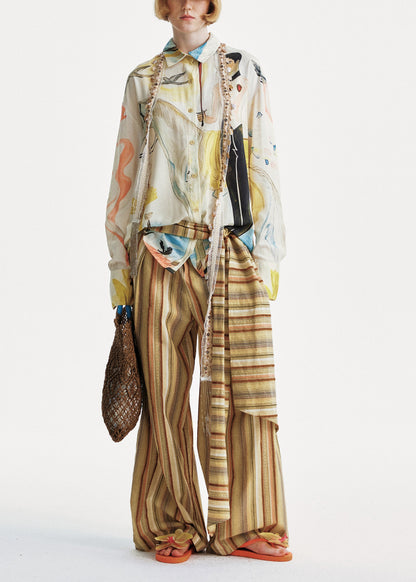 Chic Yellow Striped Cotton Wide Leg Pants Summer