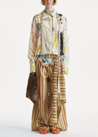 Chic Yellow Striped Cotton Wide Leg Pants Summer