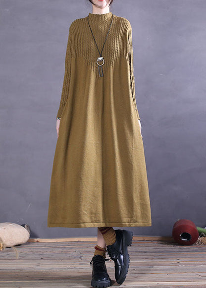 Chic Gelb Rollkragen Lose Strickkleid Frühling