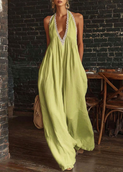 Chic Yellow V Neck Lace Patchwork Cotton Dresses Sleeveless