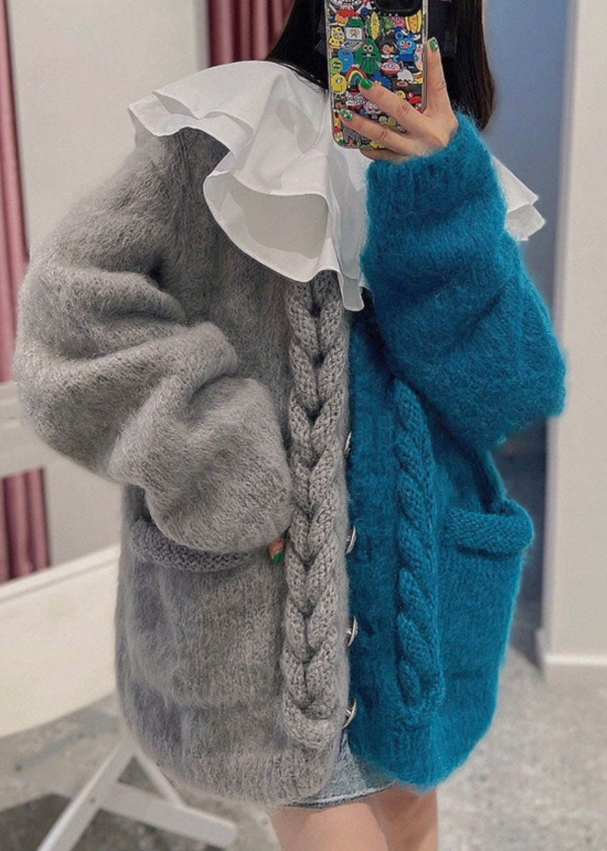 Schicke gelbe Strickjacke mit V-Ausschnitt, Patchwork-Knöpfen und kuscheligem Baumwollstrick für den Winter