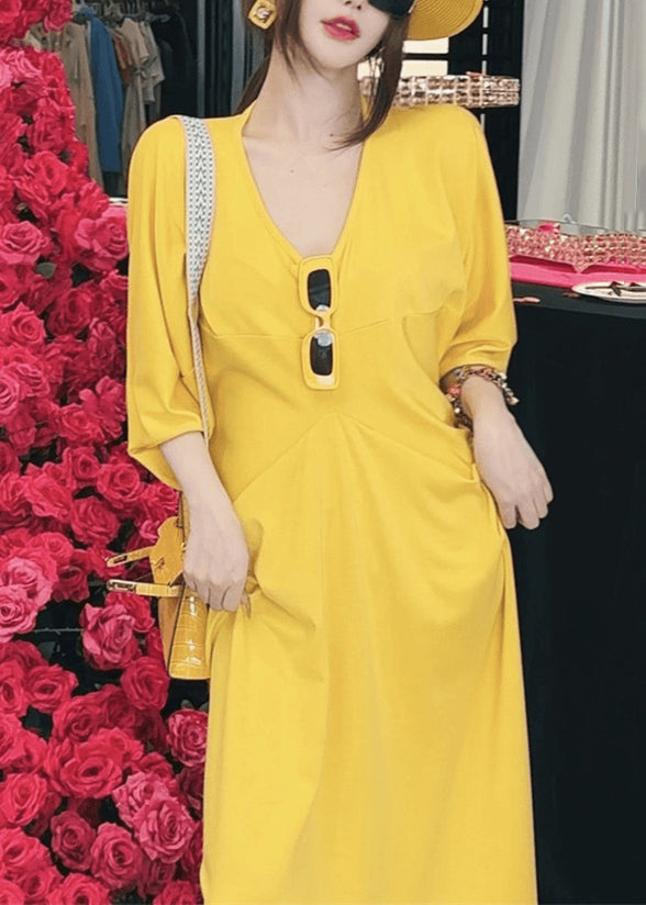 Chic Yellow V Neck Patchwork Cotton Dresses Batwing Sleeve
