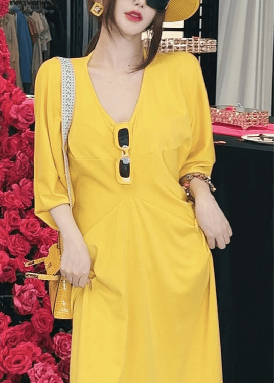 Chic Yellow V Neck Patchwork Cotton Dresses Batwing Sleeve
