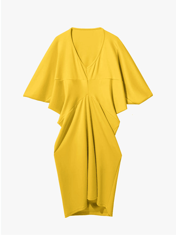 Chic Yellow V Neck Patchwork Cotton Dresses Batwing Sleeve