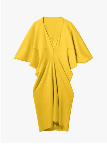 Chic Yellow V Neck Patchwork Cotton Dresses Batwing Sleeve