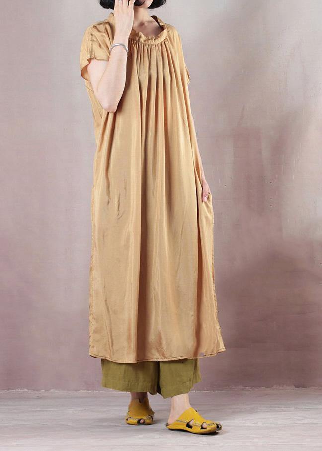 Chic beige cotton dress short sleeve Cinched Dress - SooLinen