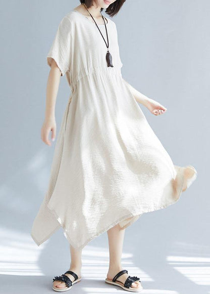Chic big hem linen cotton clothes For Women Inspiration beige side open Dress summer - SooLinen