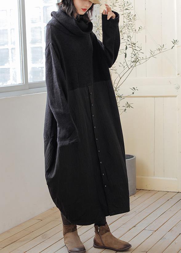 Chic black Sweater Wardrobes Upcycle high neck asymmetric Hipster knitwear - SooLinen