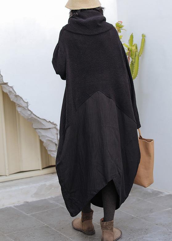 Chic black Sweater Wardrobes Upcycle high neck asymmetric Hipster knitwear - SooLinen