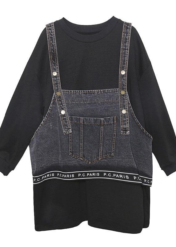 Chic black cotton Blouse o neck two pieces Plus Size Clothing tops - SooLinen