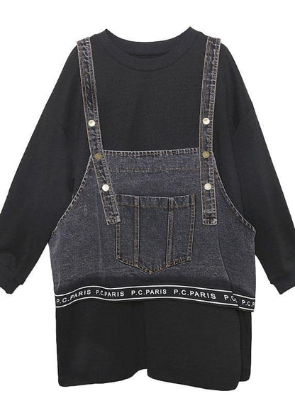 Chic black cotton Blouse o neck two pieces Plus Size Clothing tops - SooLinen