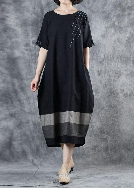 Chic black cotton dress patchwork long summer Dress - SooLinen