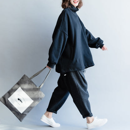 Schicke schwarze Baumwoll-Leinen-Tops Damen Plus Size Tunika High Neck Baggy Tops