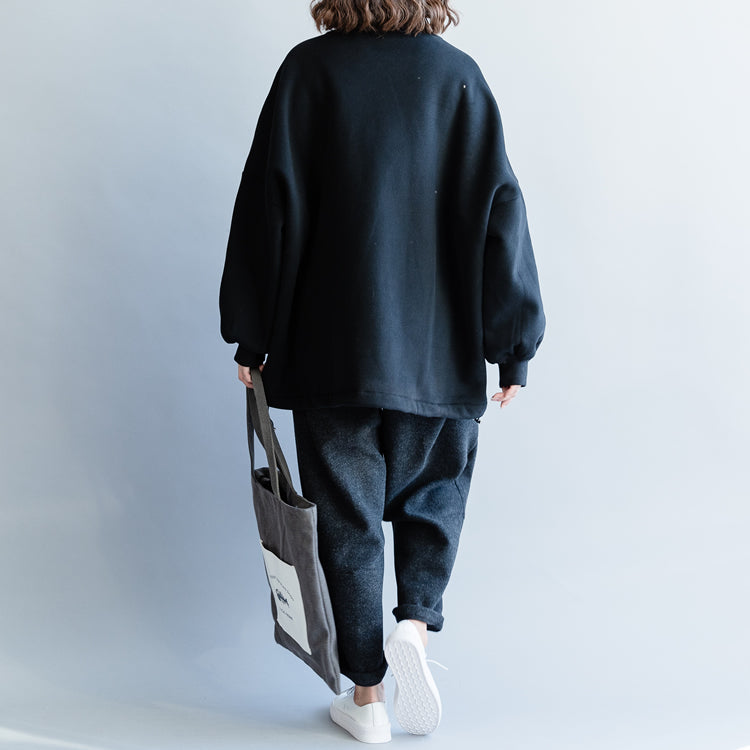 Schicke schwarze Baumwoll-Leinen-Tops Damen Plus Size Tunika High Neck Baggy Tops