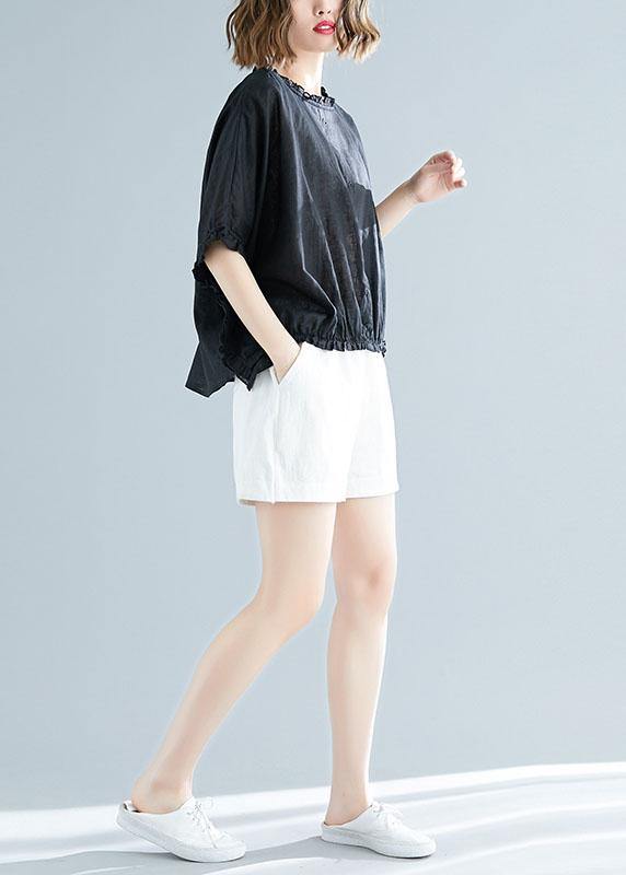 Chic black cotton tunic top ruffles tunic summer blouse - SooLinen