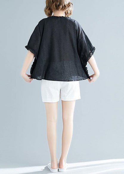 Chic black cotton tunic top ruffles tunic summer blouse - SooLinen