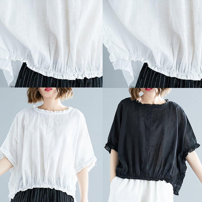 Chic black cotton tunic top ruffles tunic summer blouse - SooLinen
