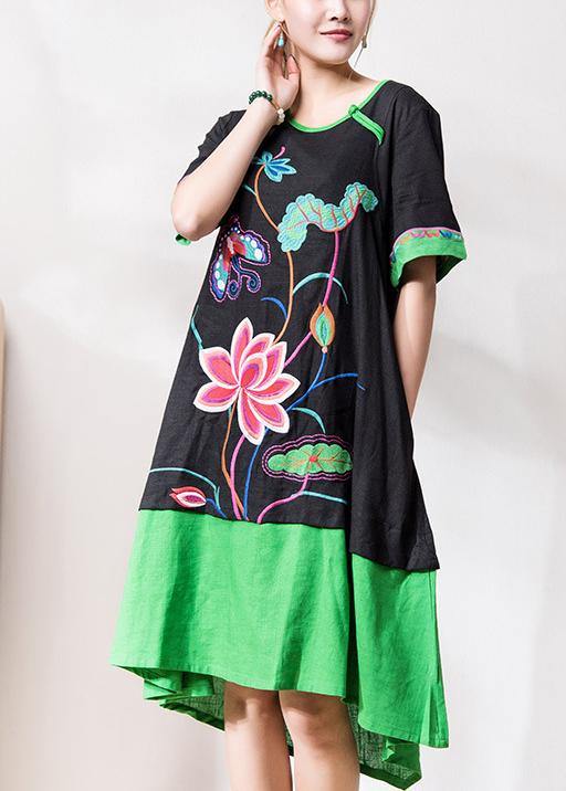 Chic black embroidery linen dresses o neck patchwork Dresses summer Dress - SooLinen