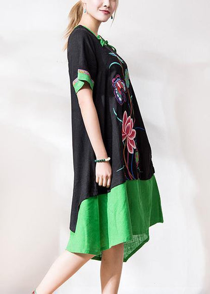 Chic black embroidery linen dresses o neck patchwork Dresses summer Dress - SooLinen