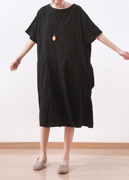 Chic schwarz leinen kleidung Korea Nähen o neck asymmetrische baggy Sommer Kleid