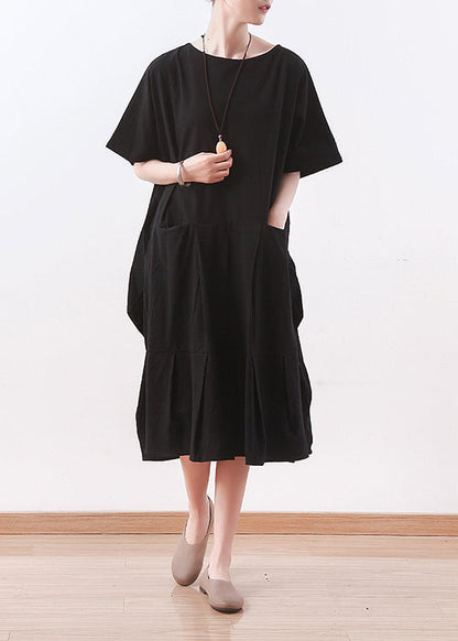 Chic schwarz leinen kleidung Korea Nähen o neck asymmetrische baggy Sommer Kleid