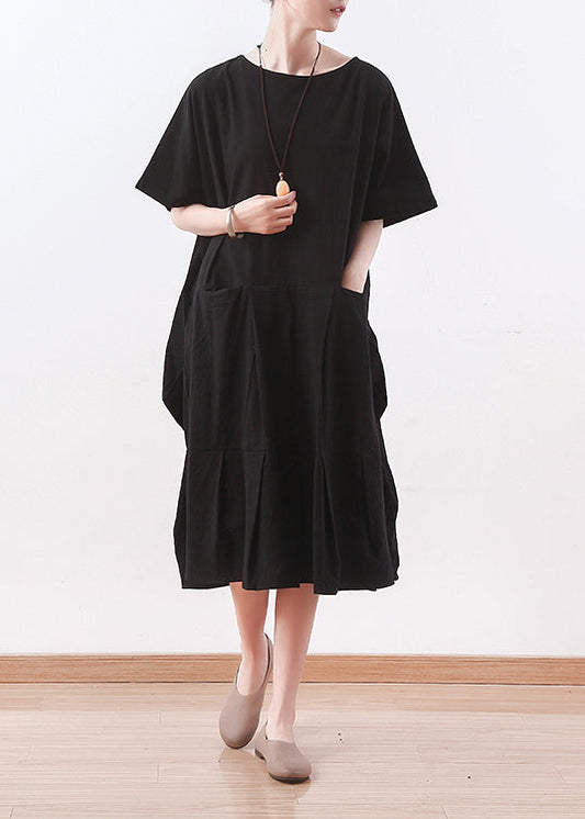 Chic schwarz leinen kleidung Korea Nähen o neck asymmetrische baggy Sommer Kleid