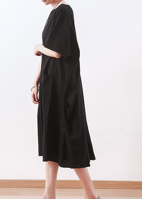 Chic schwarz leinen kleidung Korea Nähen o neck asymmetrische baggy Sommer Kleid