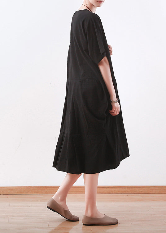 Chic schwarz leinen kleidung Korea Nähen o neck asymmetrische baggy Sommer Kleid