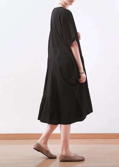 Chic schwarz leinen kleidung Korea Nähen o neck asymmetrische baggy Sommer Kleid