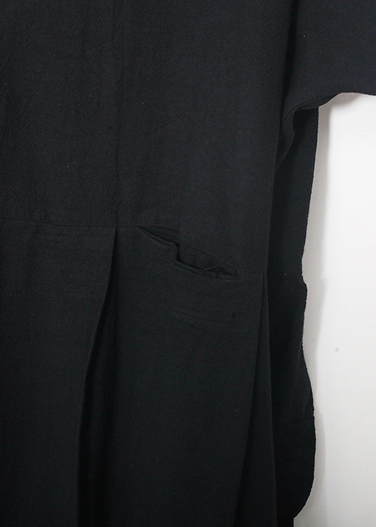 Chic schwarz leinen kleidung Korea Nähen o neck asymmetrische baggy Sommer Kleid
