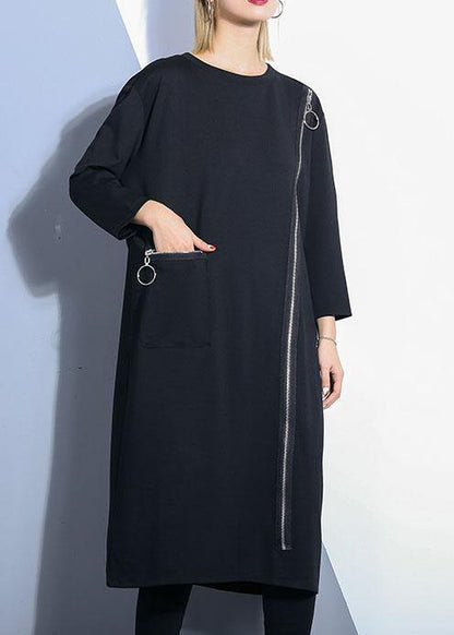Chic black o neck cotton Tunics zippered Maxi fall Dresses - SooLinen
