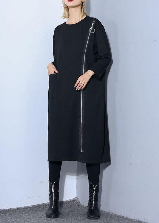 Chic black o neck cotton Tunics zippered Maxi fall Dresses - SooLinen