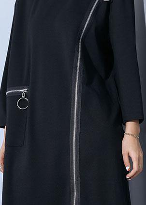 Chic black o neck cotton Tunics zippered Maxi fall Dresses - SooLinen